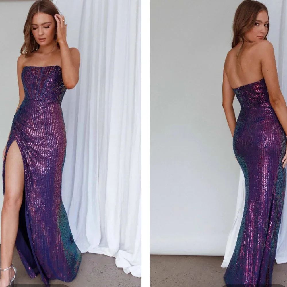 Selfie Leslie Navy Thigh Split Sequin Dress - Picture 1 of 6